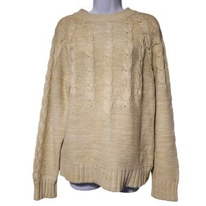 VTG OREGON TRAIL Tan Cable Knit Sweater Womens Medium Crew Neck